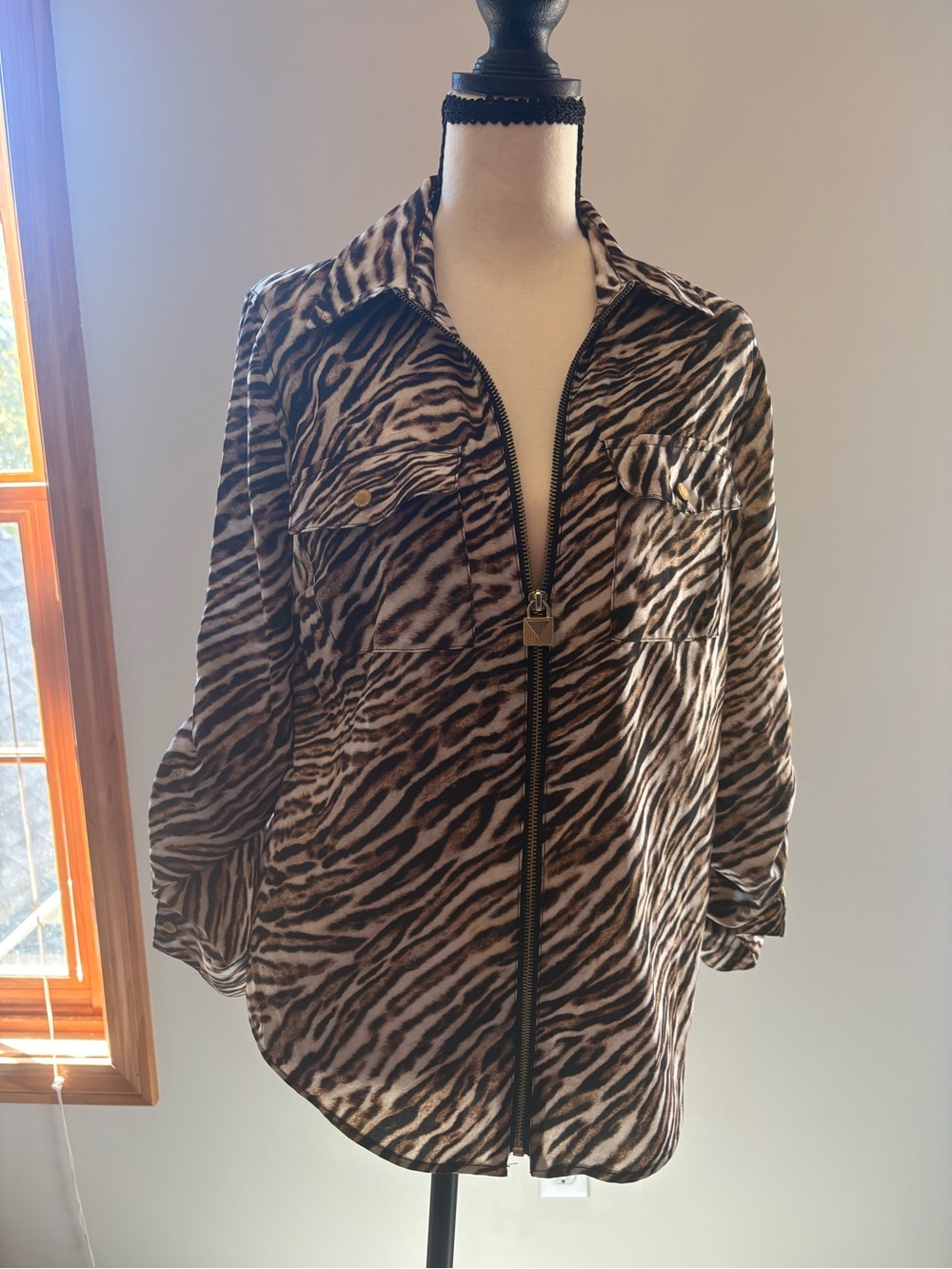 MICHAEL Michael Kors Brown and Black Zebra-Print Zip Shirt